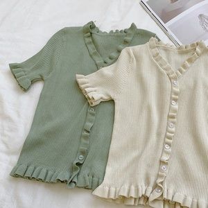 Pistachio Green Short Sleeve Frill Knit Top